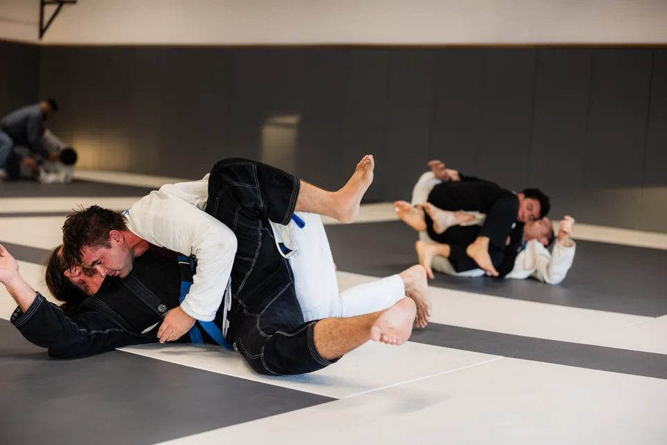 Students practice gi grappling in pairs on the mats