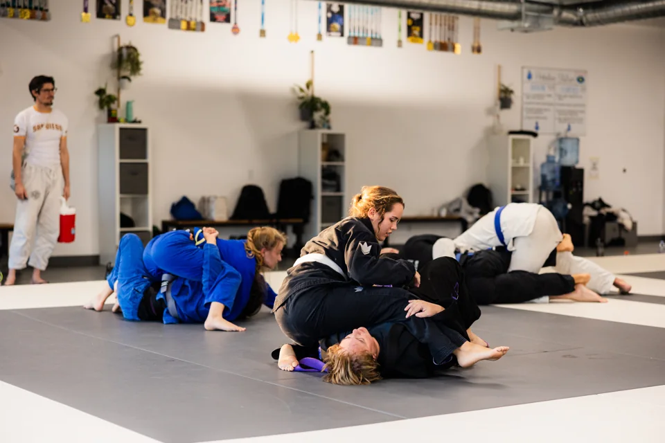 Adult students grapple in pairs on the mats